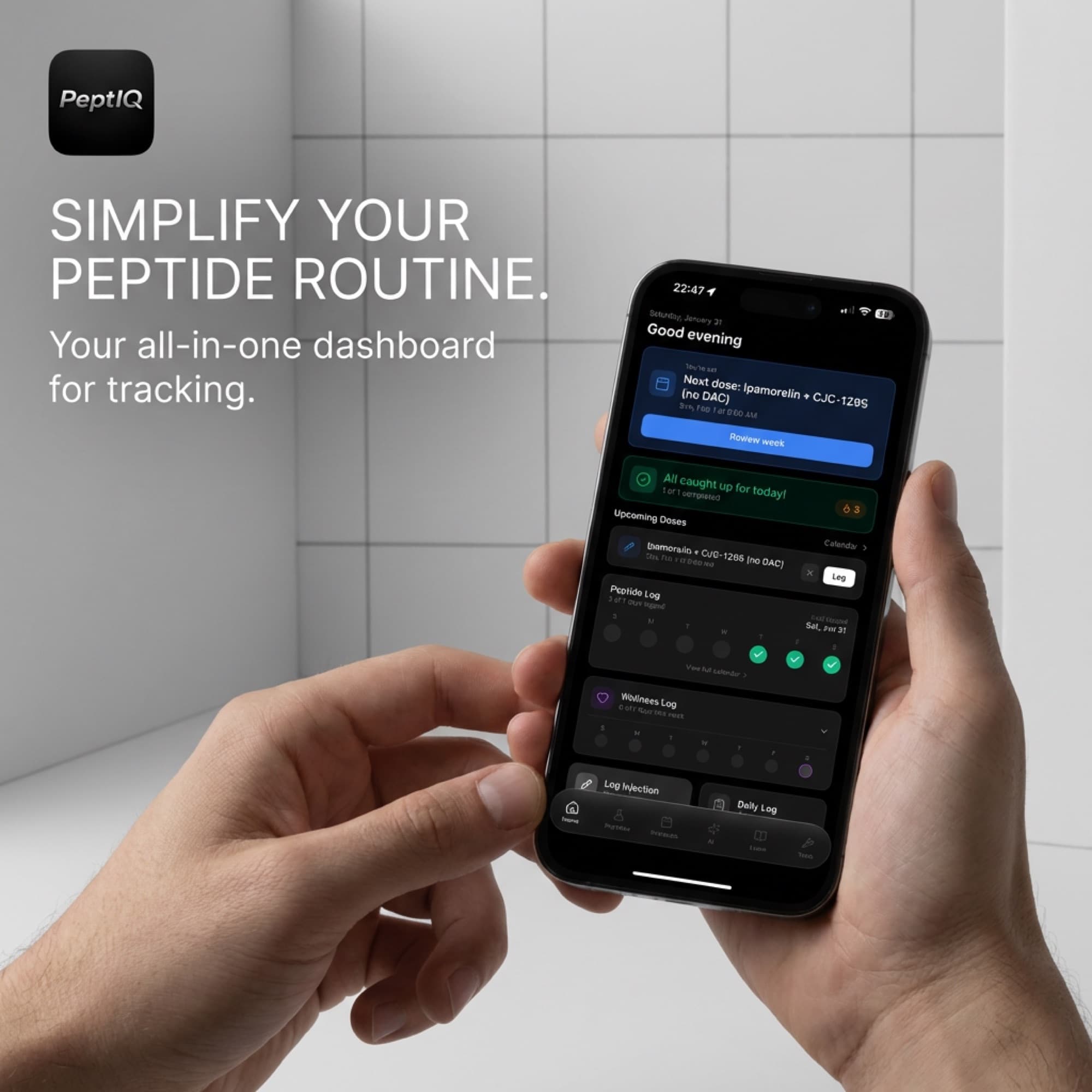 The Peptide Prime dashboard open on a phone