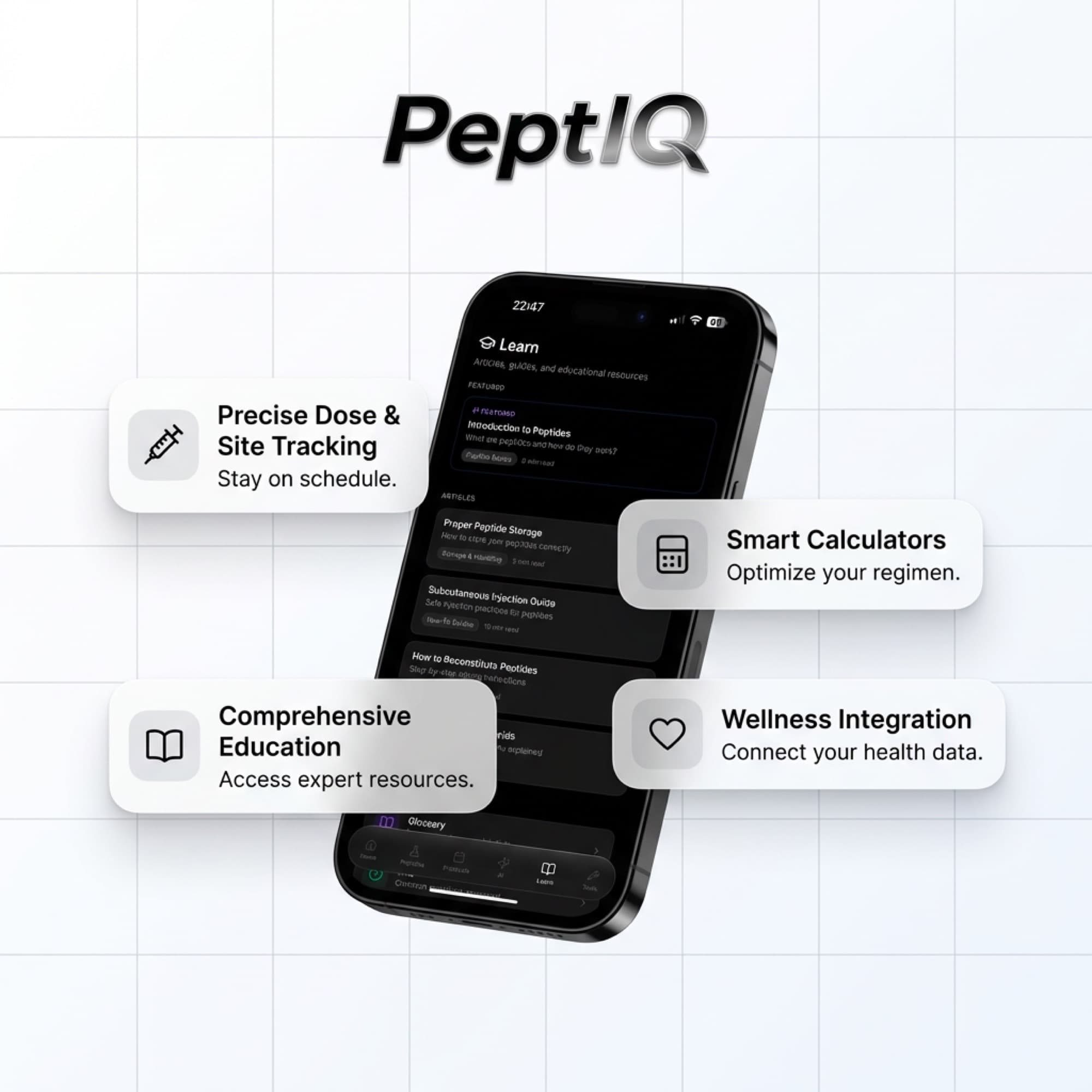Peptide Prime feature cards around a phone showing the learn library